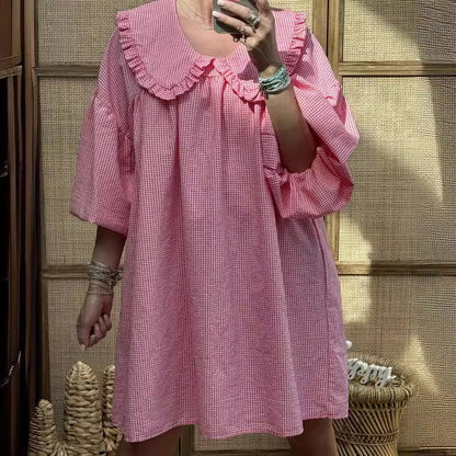 Damklänning A-linje – Bomull – Rutig – Rynkad Peter Pan-krage – Ballongärm