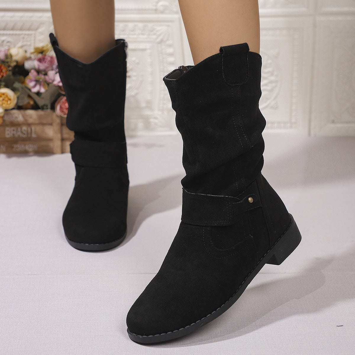 Damstövlar i mellanhöjd – Blockklack – Slouchy passform – Dragkedja – Västerndetaljer