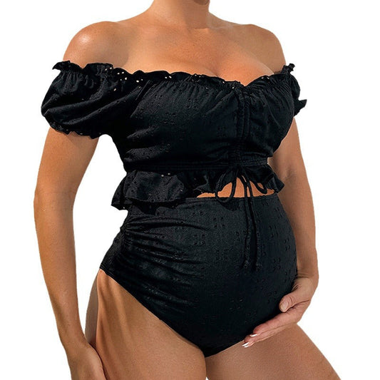 Dam Delad baddräkt för gravida – Off-Shoulder Top – Hög Midja – Volangkant – Andningsbart Material