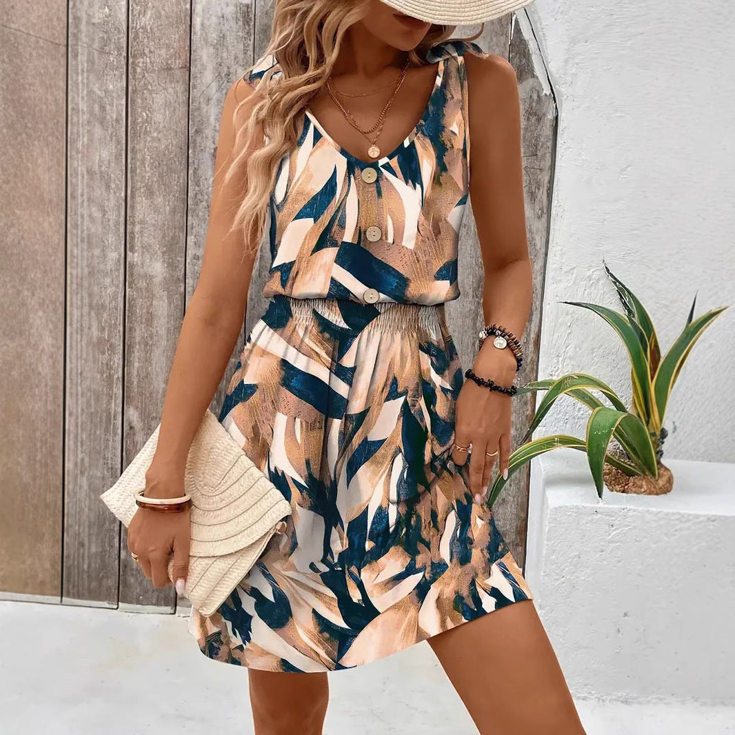 Damklänning ärmlös – V-ringning – Bomull – Resårmidja – Geometriskt mönster