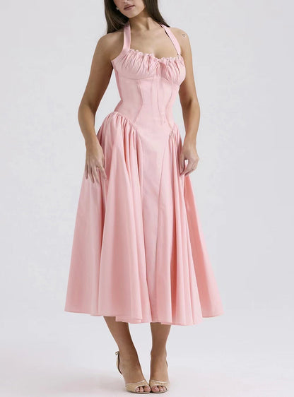 Damklänning – Slim Fit – Halterneck – Rygglös – Rynkad Liv – Midilång Vidd Kjol