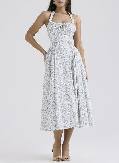 Damklänning – Slim Fit – Halterneck – Rygglös – Rynkad Liv – Midilång Vidd Kjol