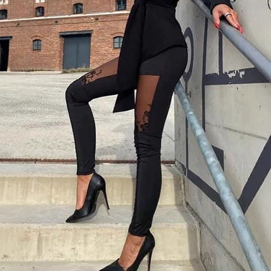 Dam Byxor – Slim Fit – Stretchmaterial – Spetsdetaljer – Lång Eleganta Modell