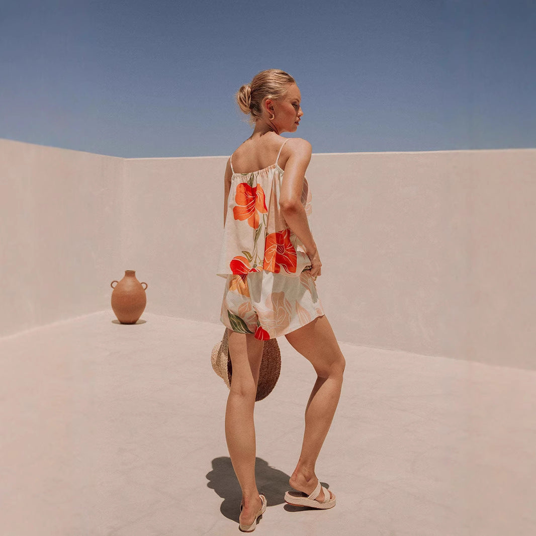 Damlinne – Lös Passform – Bomullsblandning – Spagettiaxelband – Blommigt Mönster