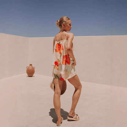 Damlinne – Lös Passform – Bomullsblandning – Spagettiaxelband – Blommigt Mönster