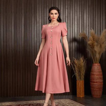 Damklänning – Stickad – Slim Fit – A-Linjeformad – Puffärm – Knäppning framtill