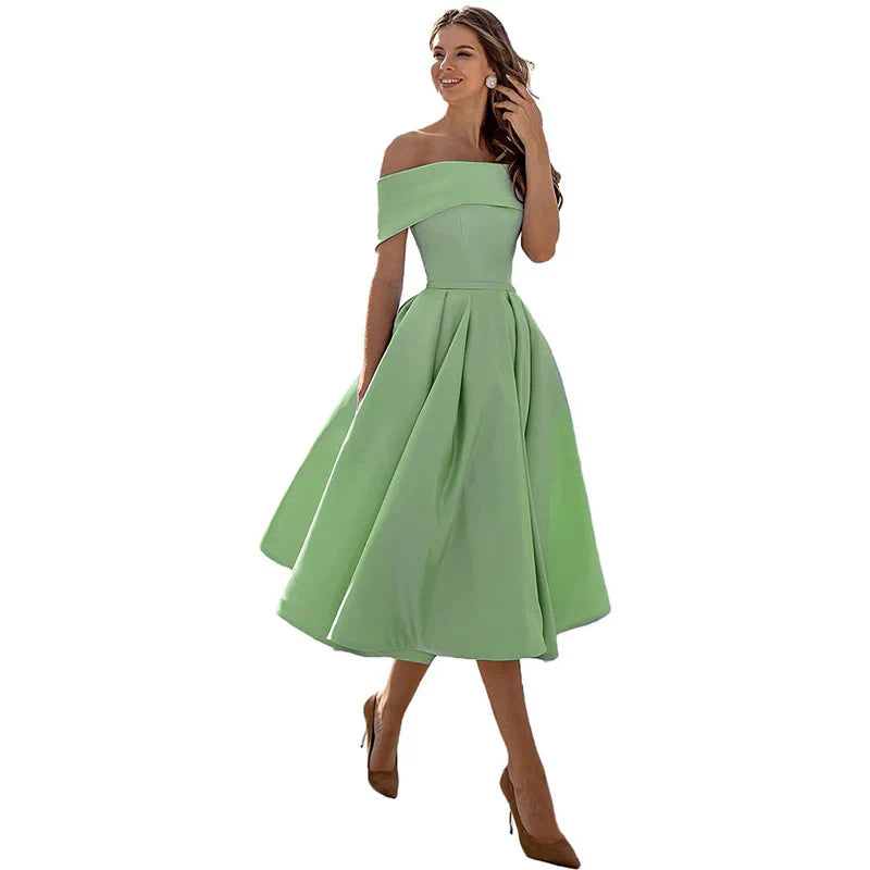 Damklänning – Off-Shoulder – Figurnära Liv – Utställd Kjol – Tealängd Elegant Stil