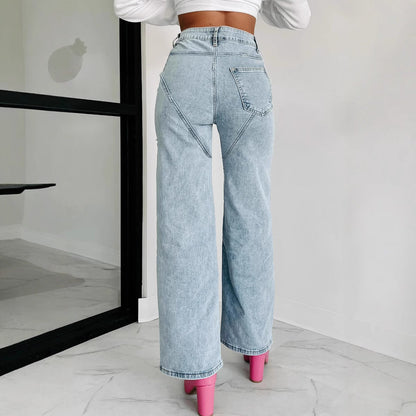 Damjeans raka ben – Hög midja – Distressade lår – Kedjedetalj i midjan