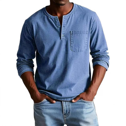 Herr långärmad t-shirt – slim fit – andningsbart tyg – knäppning – bröstficka