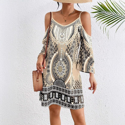 Damklänning midi – Off shoulder – Spagettiband – Halvärm – Mönstrad – Luftigt tyg