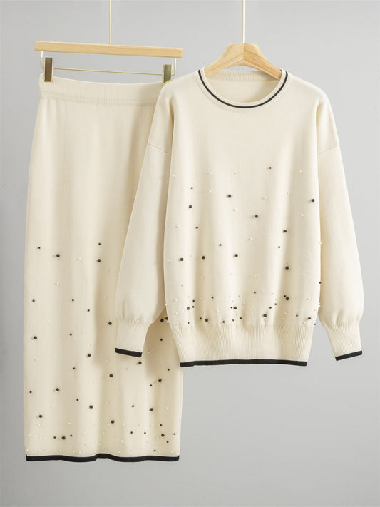 Damset med stickad topp och midikjol – Lös passform – Pärldetaljer – Ullmix