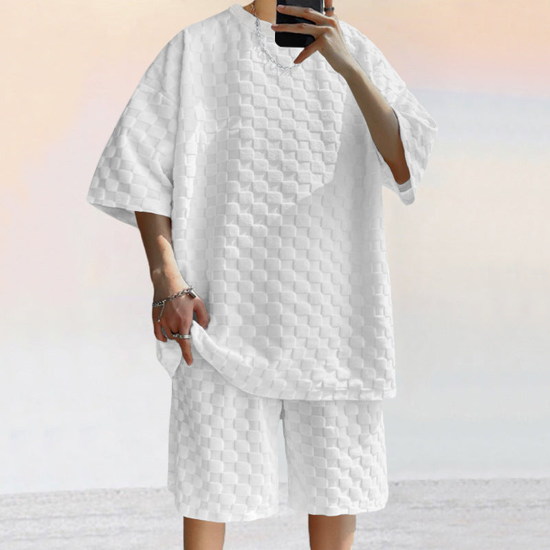 Herrset – Jacquardstickad T-shirt med Lös Passform & Raka Shorts – Andasmaterial