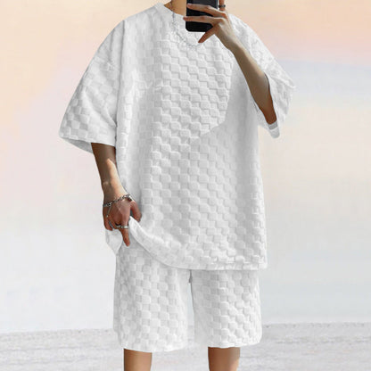 Herrset – Jacquardstickad T-shirt med Lös Passform & Raka Shorts – Andasmaterial