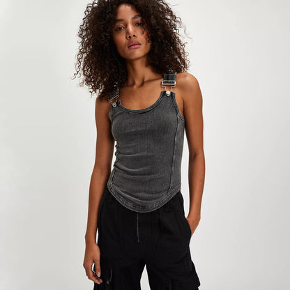 Damlinne – Slim Fit Ribbstickad – Avtagbara Axelband – Rund Halsringning Casual