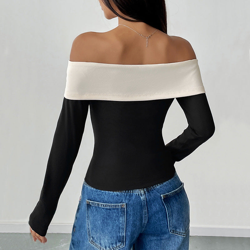 Dam Crop Top – Slim Fit – Off Shoulder – Lång Ärmar – Stretchtyg – Rosett Detalj