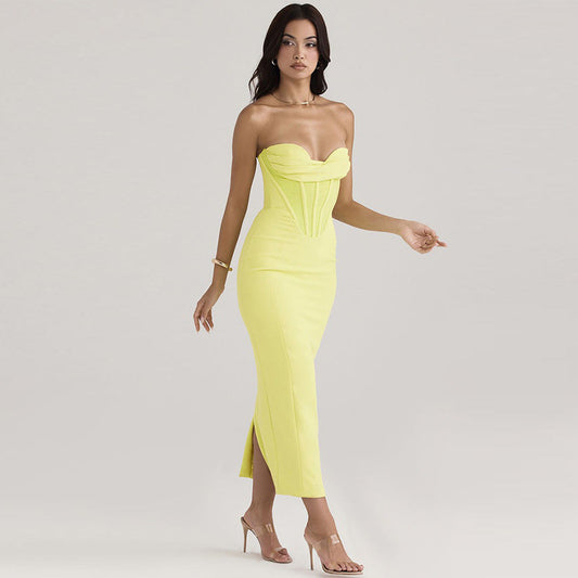 Klänning dam – Axelbandslös bodycon – Figurnära passform – Korsettliv – Midilängd