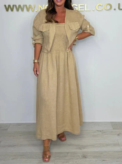 Damklänning set – Maxiklänning med smockliv – Avslappnad passform – Med jacka