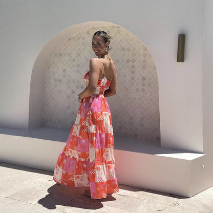 Damklänning maxi – Luftig passform – Spaghettiband – Rynkad överdel – Bomullsblandning