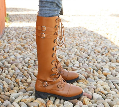 Damstövlar – Knähöga Snörade – Spänndetaljer – Strukturerad Läderkänsla
