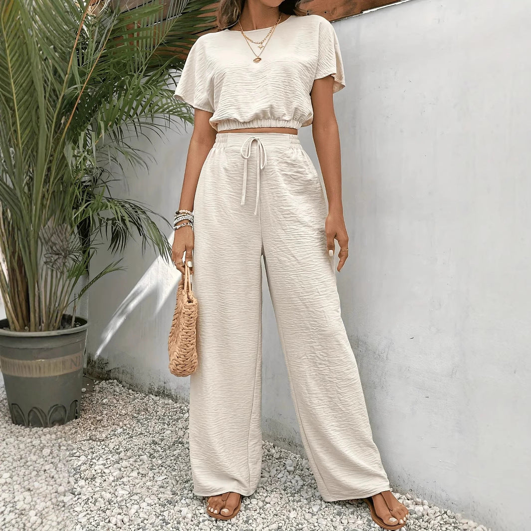 Damset – Croppad Batwing-Top – Vida Byxor med Dragsko – Texturerat Tyg