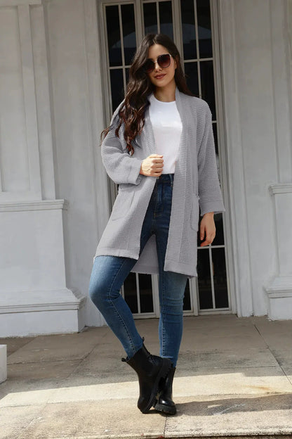 Damkofta – Stickad Ullkänsla – Stickad ullblandning – Öppen Front – Med Fickor