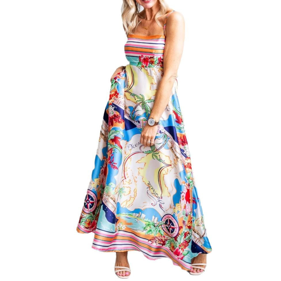 Damklänning maxi – Lätt bomull – Flowy passform – Hög midja – Spagettiaxelband – Mönstrad