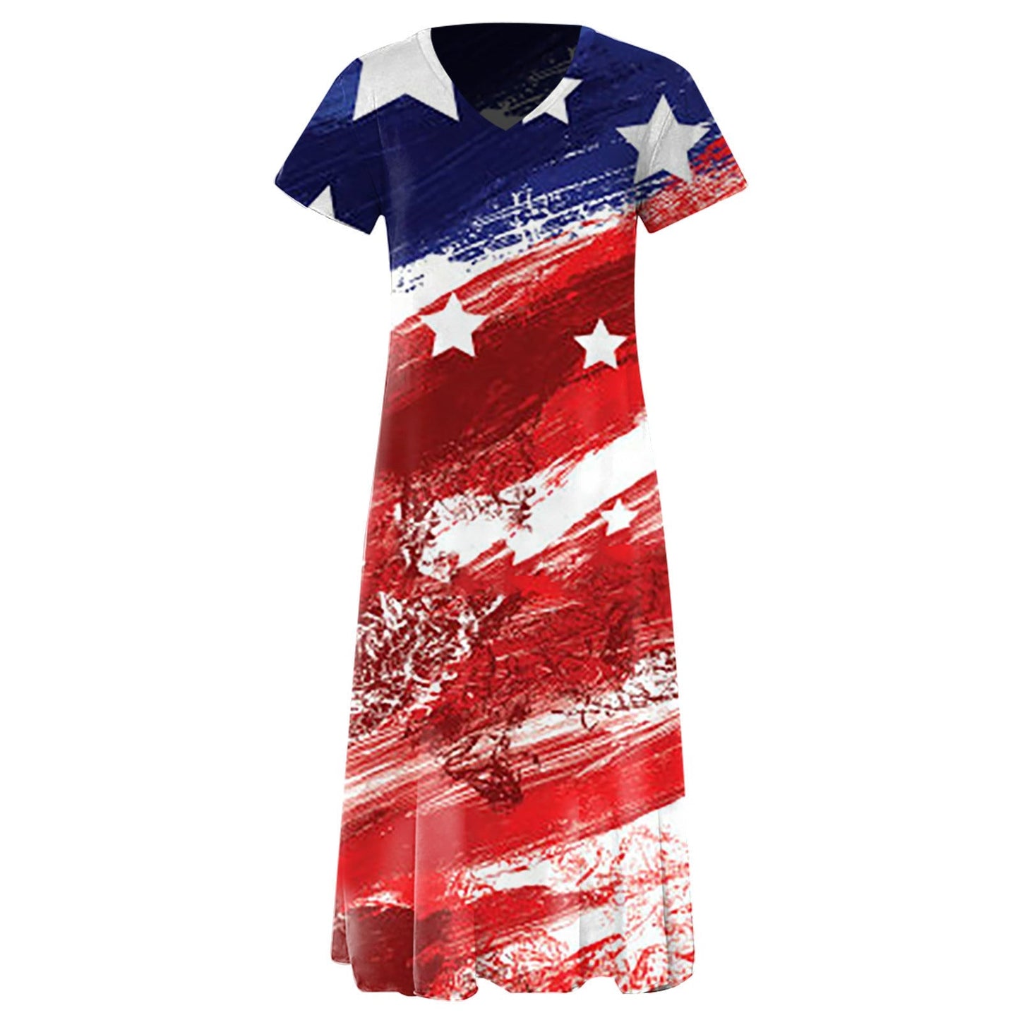 Damklänning maxi – Avslappnad passform – V-ringning – Kort ärm – Grafiskt mönster – Bomullsblandning