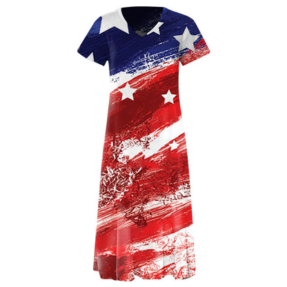 Damklänning maxi – Avslappnad passform – V-ringning – Kort ärm – Grafiskt mönster – Bomullsblandning