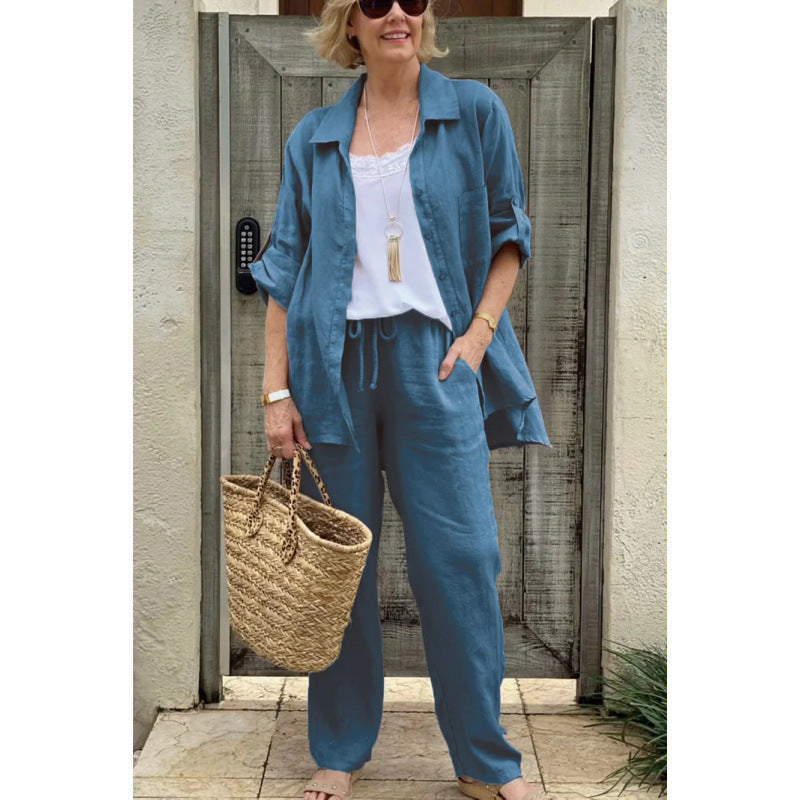 Damsett med skjorta och byxa – Linne – Avslappnad passform – Raka byxor