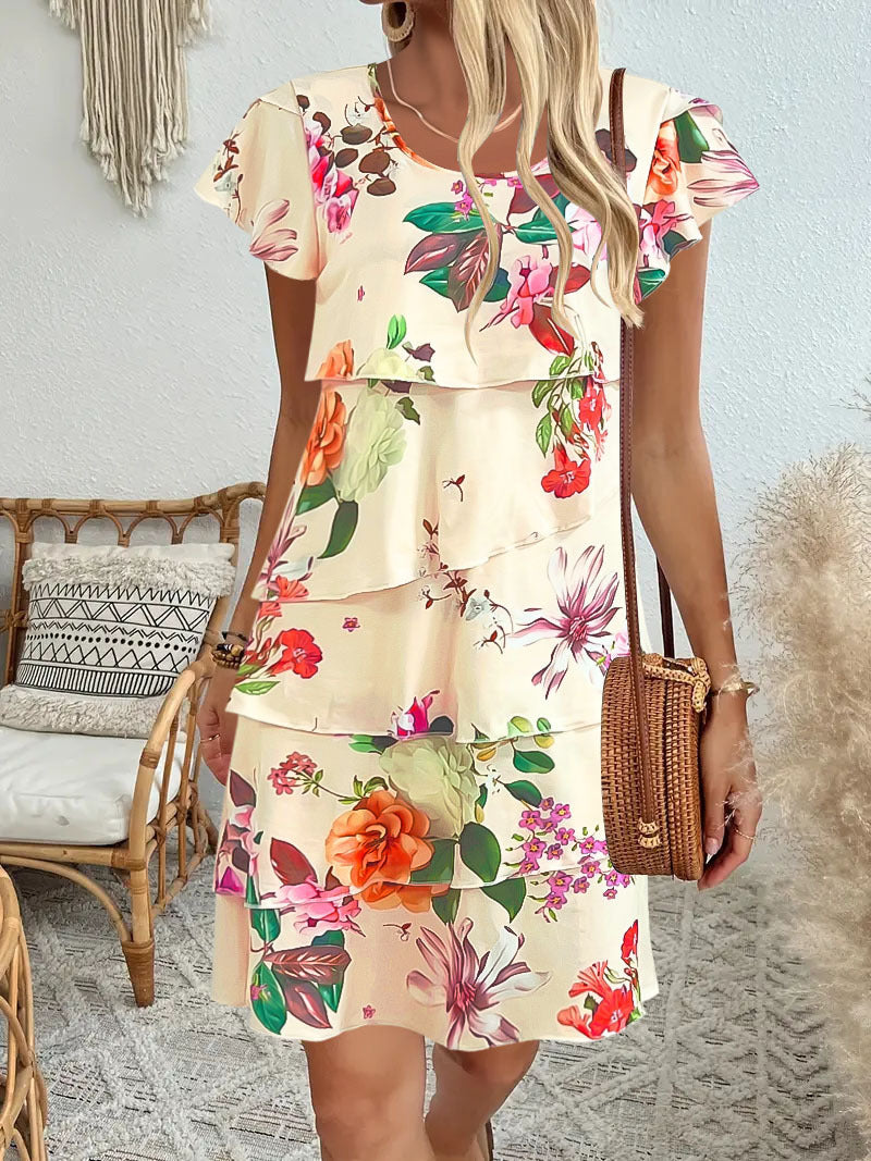 Damklänning midi – avslappnad passform – lotusärm – volangkjol – tryckt mönster