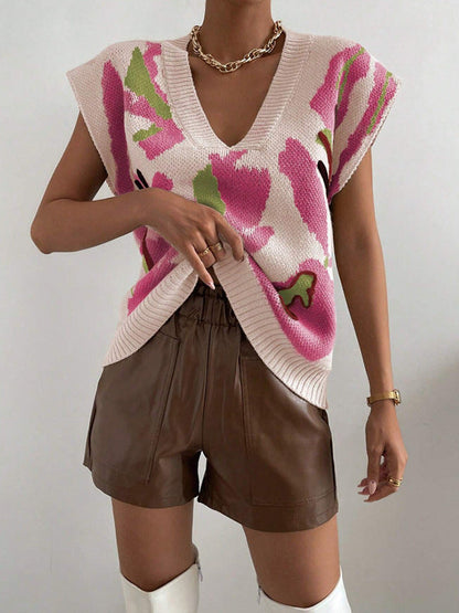 Damväst – Lös Passform – Djup V-Ringning – Jacquardmönster