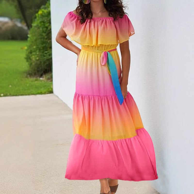 Damklänning – Off-Shoulder Volangkrage – Avslappnad Passform – Andningsbart Tyg