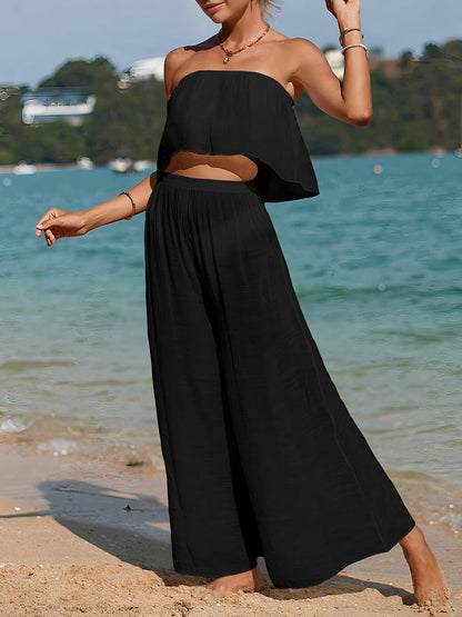 Damset med byxa – Axelbandslös topp – Vida ben – Lätt och luftig passform