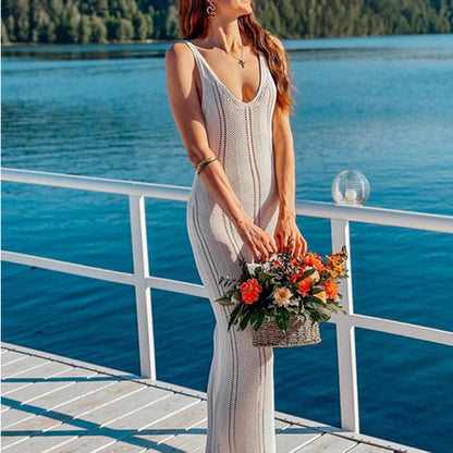 Damklänning – Stickad Ärmlös – Figurnära Passform – Öppen Rygg – Ankellång