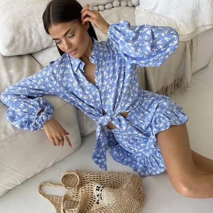 Damset – Tvådelad med knytblus – Hög midja – Volangshorts – Naturfibrer