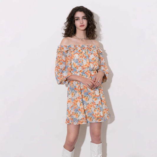 Damklänning – Off Shoulder – Chiffon – Blommig – Flowy Passform – Minilängd