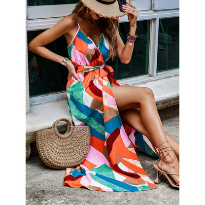 Damklänning maxi – Djup V-ringning – Ärmlös – Hög slits