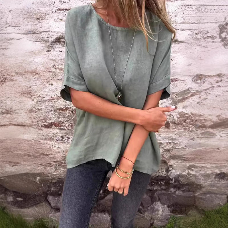 Dam T-shirt – Linneblandning – Lös Passform – Kort Ärm – Andningsbar Vardagsstil