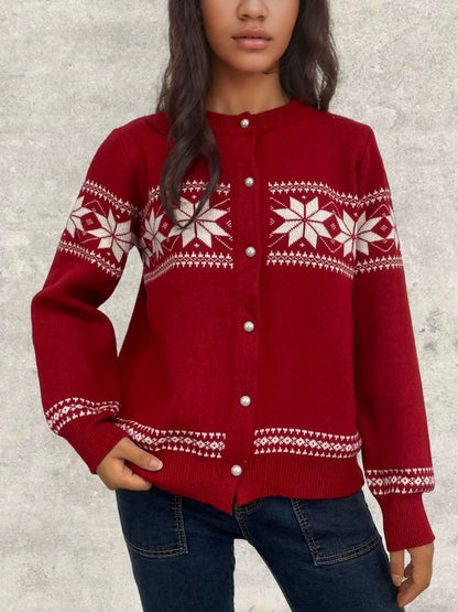 Damkofta – Ullstickad – Normal passform – Snöflingemönster – Knäppning fram