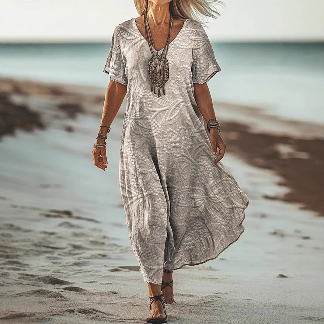 Damklänning – A-linjeformad passform – V-ringning – Kort ärm – Blommigt mönster – Andningsbar kvalitet