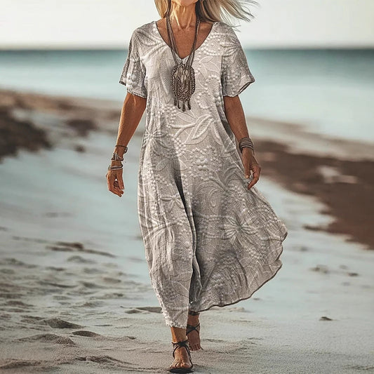 Damklänning – A-linjeformad passform – V-ringning – Kort ärm – Blommigt mönster – Andningsbar kvalitet