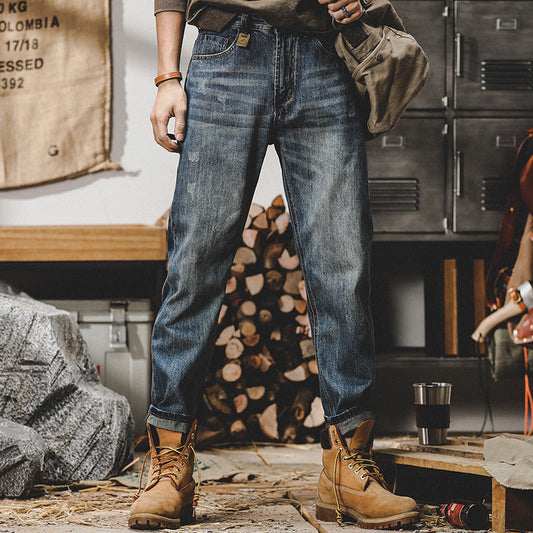 Herrjeans – Avslappnad Passform – Rak Ben – Slitna – Denim i Femficksmodell