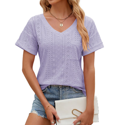 Dam T-shirt – Avslappnad Passform – V-ringning – Öglemönster – Kort Ärmslut