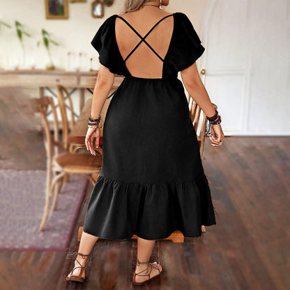 Damklänning midi – V-ringning – A-linjeformad – Kort puffärm – Volangkant