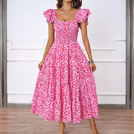 Damklänning – Smockad Livdel – Rynkade Axelband – A-linjeformad Lagerdesign – Andningsbart Tyg