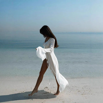 Damklänning strandtunika – lång ärm – ryschdetaljer – öppen front – luftig chiffong