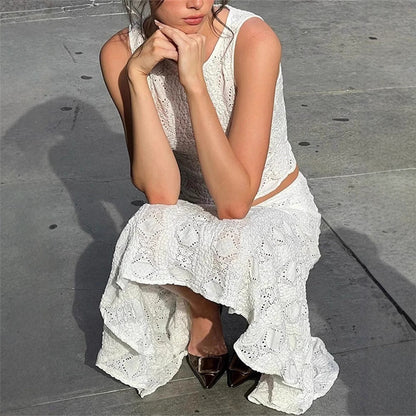 Damset – Texturerad Ärmös Crop Top – A-linjeformad Midikjol – Avslappnad Passform