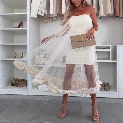 Damklänning – Axelbandslös Midi – Tyllöverdrag – A-linje Vid Passform – Volangkant