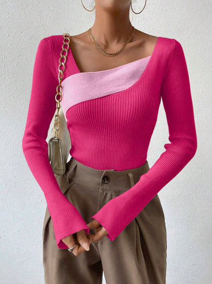 Damtröja – Ribbstickad – Slim Fit – Asymmetrisk Ringning – Lång Ärm