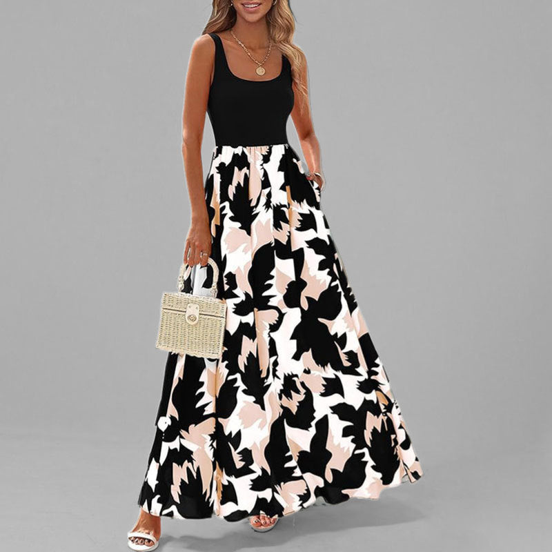 Damklänning maxi – Ärmös scoopneck – Hög midja – A-linjeformad – Tryckt mönster